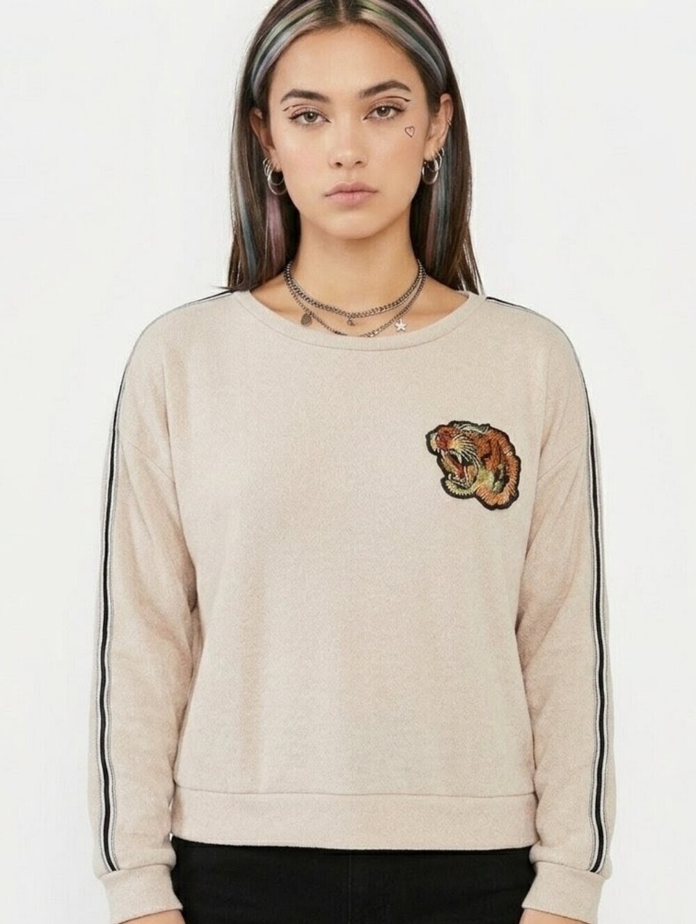 Sans Souci Roaring Tiger Patch Striped Sleeve Sweatshirt Top Beige Tan M